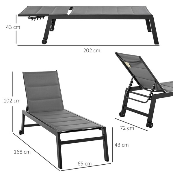 Outsunny Lettino Prendisole Reclinabile su 5 Livelli Imbottito, Lettino da Giardino in Alluminio e Texteline, 72x168x102cm, Grigio | Aosom Italy