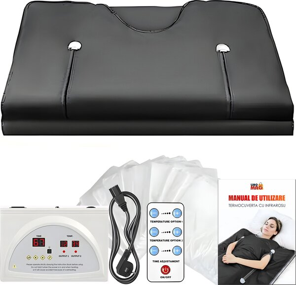 Coperta riscaldante a infrarossi per sauna, LINOMAG®, brucia grassi, relax, termoterapia e disintossicazione, materiali di sicurezza in 5 strati, 6 livelli di calore, 35°C-85°C, 180x80 cm, nero