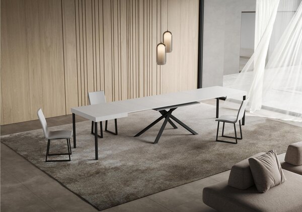 Tavolo Allungabile 160 cm con 5 allunghe NIKET Dimensioni 90x160xh77 cm estensibile fino a 420 cm Allunghe da 52 cm, gambe Bianche Tavolo colore Bianco Frassino