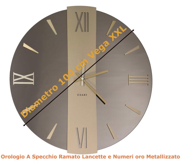 Orologio Da Muro 100 cm Struttura, � uno specchio DORATO VEGA XXL Diametro 100 cm lancette in metallo numeri colore ORO METALLIZZATO a rilievo , l'orologio specchio