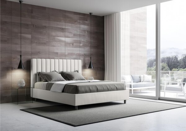 Letto matrimoniale In Similpelle AGUEDA con giroletto imbottito Dimensioni 160x190 cm effetto trapuntato bianco