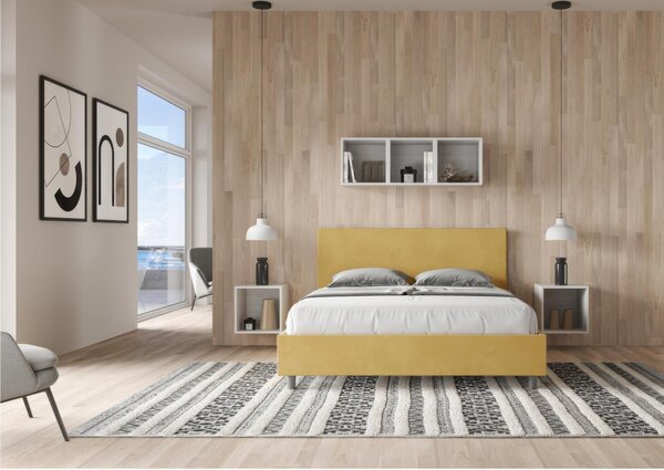 Letto matrimoniale ADELE con testata e Letto imbottiti, rivestimento in Microfibra dimensioni 160x190 cm, Spessore Testata 3 cm effetto trapuntato colore Ocra