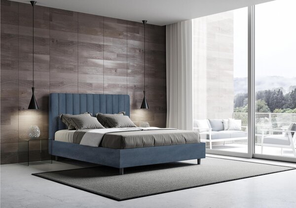 Letto matrimoniale In MIcrofibra con Doppio Contenitore AGUEDA giroletto imbottito Dimensioni 160x190 cm effetto trapuntato Blu