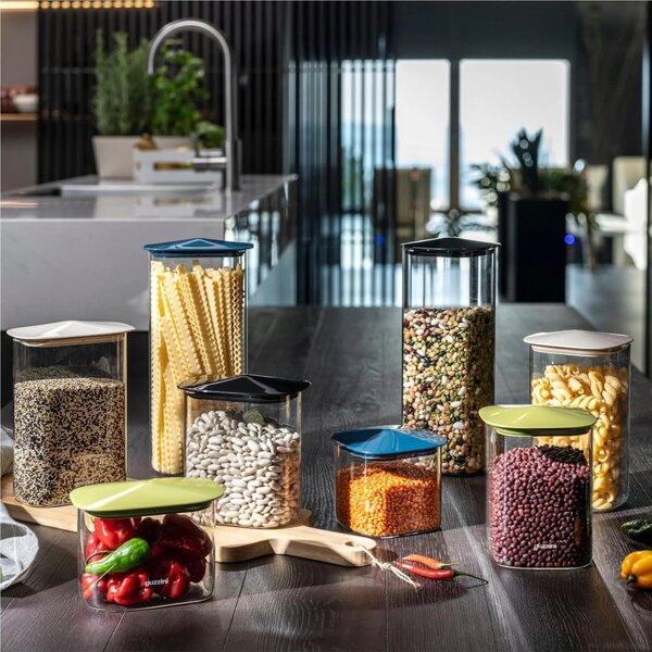 Barattolo in Vetro Borosilicato FRESH&STYLE Dimensioni 11x11x h28 cm �2200 ml con coperchio salva freschezza e guarnizione Tappo Nero