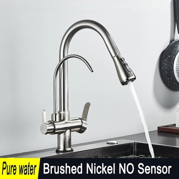 Miscelatore per cucina - Miscelatore per lavello con doccetta estraibile - 2 maniglie - Acqua calda e fredda - Filtro per l'acqua - Rotazione a 360° - Installazione monoblocco - Finitura in nichel spazzolato