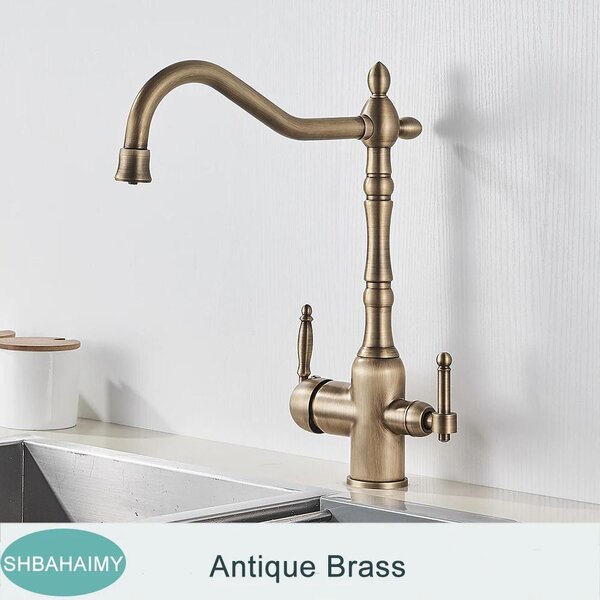 Rubinetto da cucina - Rubinetto a 3 vie - Per acqua potabile filtrata - Doppia maniglia - Bocca orientabile a 360° - Finitura ottone anticato - Montaggio a incasso su piano