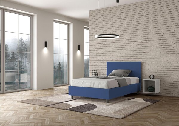 Letto una piazza e Mezza con Contenitore Imbottito ADELE Dimensioni 120x190 cm testata liscia rivestita in similpelle. Colore blu