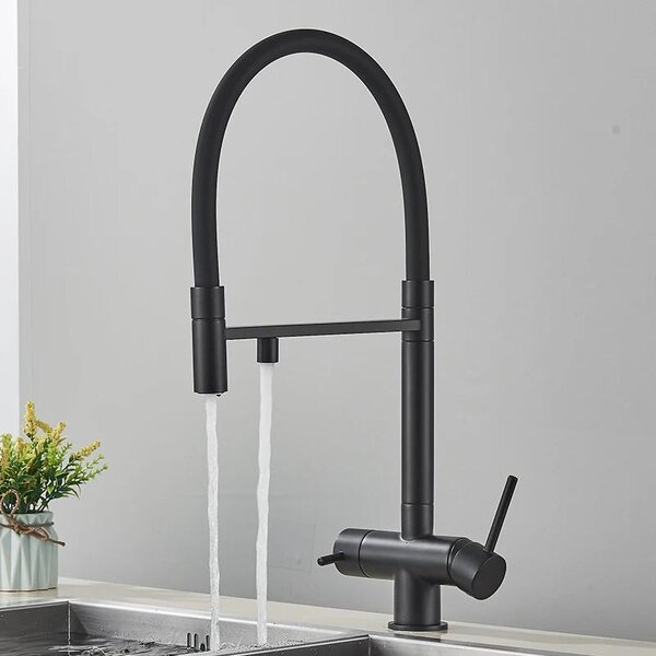 Rubinetto da cucina con filtro - Rubinetto a 3 vie - Doppia maniglia - Doccetta estraibile - Orientabile a 360° - Montaggio monoforo - Acciaio inossidabile - Cartuccia in Vetroceramica - Nero opaco