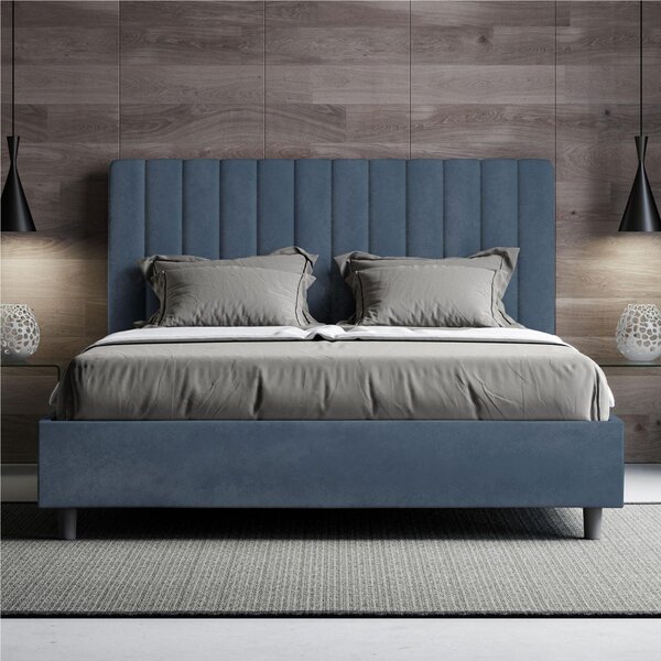 Letto Matrimoniale alla Francese con Contenitore AGUEDA In Microfibra Dimensioni 160x200 cm giroletto imbottito effetto trapuntato Blu