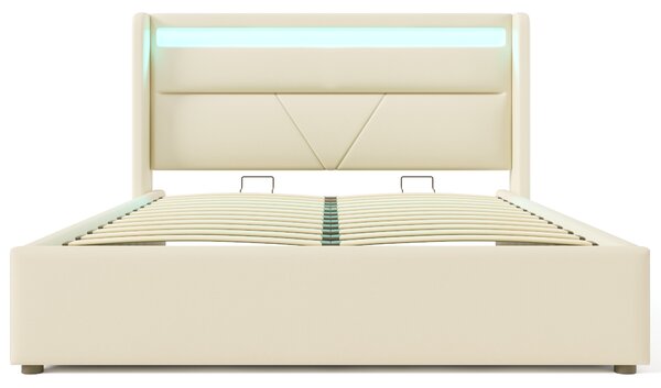 Letto Matrimoniale Contenitore con LED Integrati e Telecomando, Struttura Imbottita 140x200 cm, Bianco