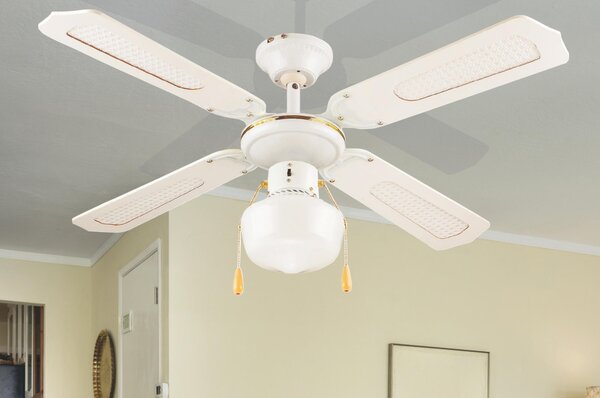 VENTILATORE SOFFITTO 4 PALE in legno con inserti paglia di Vienna dimensioni 106x106x H 30 cm - 60W BIANC WINDY in Acciaio - legno Bianco