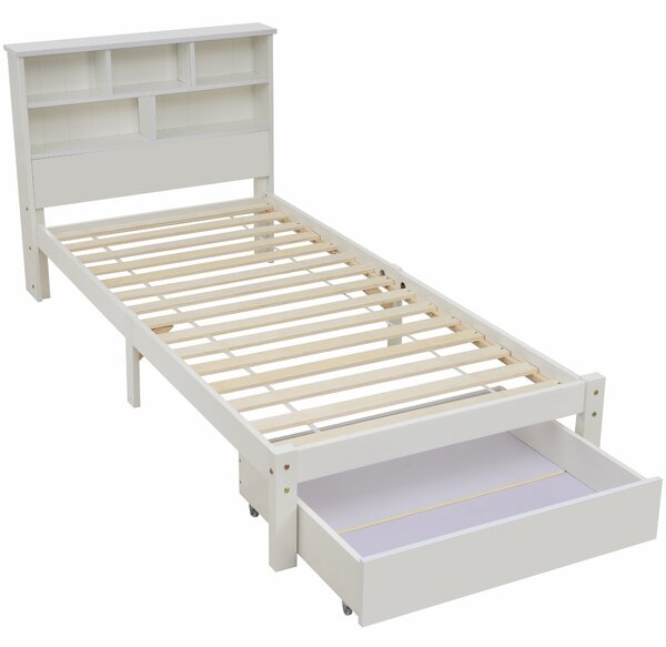 Letto Singolo con Letto Estraibile e Cassetti, Libreria Integrata per Giovani e Adulti, Rete a Doghe, Bianco