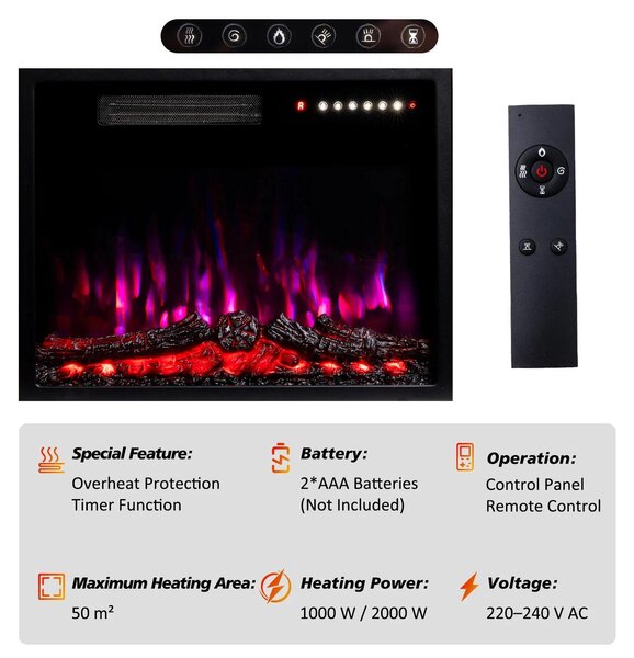 Caminetto elettrico - Con cornice - Effetto fiamma 3D - Timer 1–8 ore - 5 livelli di velocità - 5 livelli di luminosità - Alimentazione a corrente - Colore bordeaux
