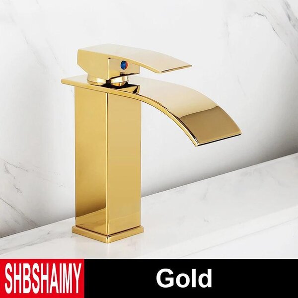 Rubinetto per lavabo - Rubinetto a cascata - Montaggio monoforo - Miscelatore monocomando caldo/freddo - Cartuccia in Vetroceramica - Montaggio a vista - Corpo in ottone - Oro
