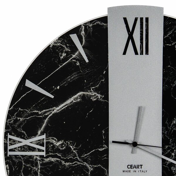 Orologio Da Muro 60 cm VEGA Struttura, Marmo Nero BIG Diametro 60 cm lancette in metallo numeri colore Argento a rilievo lastra centrale Argento