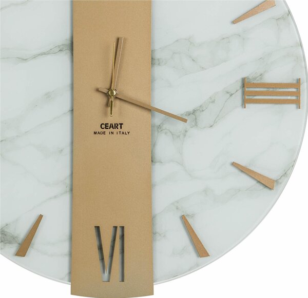 Orologio Da Muro 60 cm VEGA Struttura, Marmo Bianco BIG Diametro 60 cm lancette in metallo numeri colore ORO a rilievo lastra centrale ORO