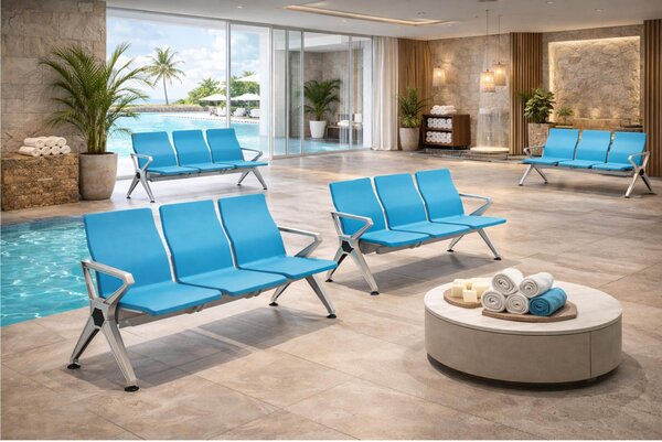 Panca per sale di attesa INDOOR 3 posti in acciaio grigio Dimensioni 175x68xh 88 cm Peso kg 38 in acciaio co sedili In Poliuretano Morbido colore Azzurro