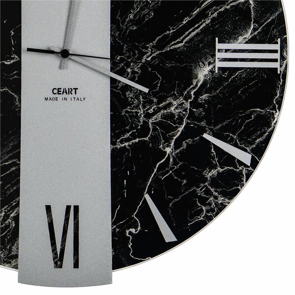 Orologio Da Muro 45 cm VEGA Struttura, Marmo Nero SMALL Diametro 45 cm lancette in metallo numeri colore Argento a rilievo lastra centrale Argento
