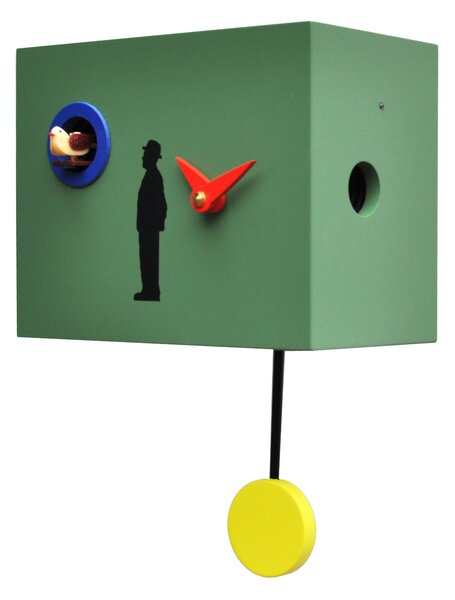 Orologio con cuc� da appoggio MDF laccato L'ATTESA � dettagli in acero Dimensioni 25x12 x h 23 cm Colore VERDE Pendolo Giallo