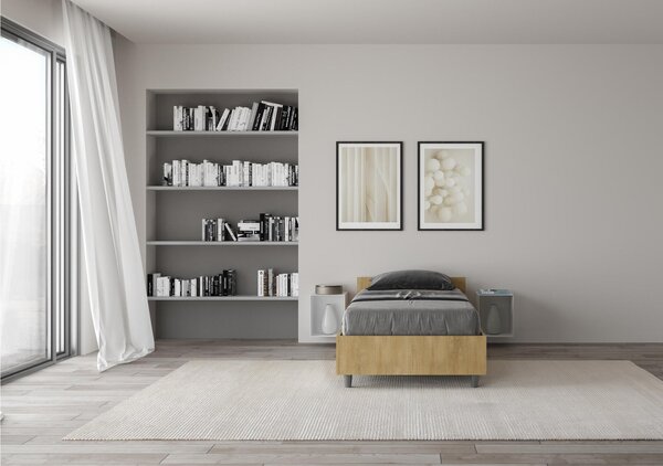 Letto Singolo Modello NUAMO Dimensioni 80x190 cm testata e giroletto in pannelli di nobilitato Stile Minimal ed Essenziale Colore Quercia