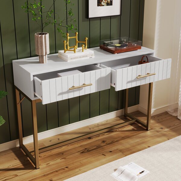 Tavolo Trucco Moderno e Elegante con 2 Cassetti e Piedi in Metallo, Tavolo da Toeletta per Camera da Letto,100 x 45 x 75cm, Bianco | Aosom Italy