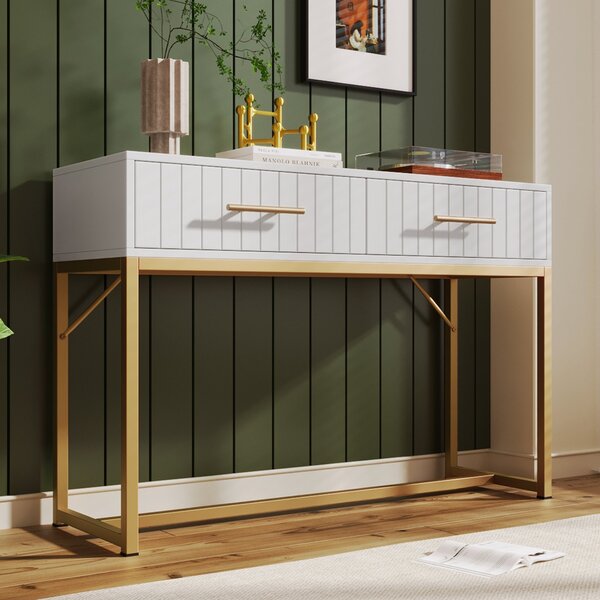 Tavolo Trucco Moderno e Elegante con 2 Cassetti e Piedi in Metallo, Tavolo da Toeletta per Camera da Letto,100 x 45 x 75cm, Bianco | Aosom Italy
