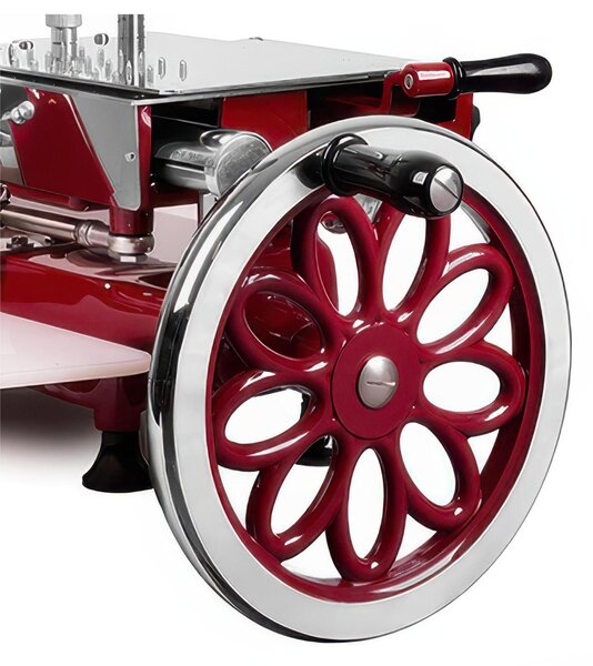 Affettatrice manuale 300 Lusso Volano Fiorato Dimensioni 89x70xh 74,5 cm- peso 42 kg - Lama 300 mm taglio 0-2,5 mm in alluminio acciaio e verniciatura a fuoco rossa