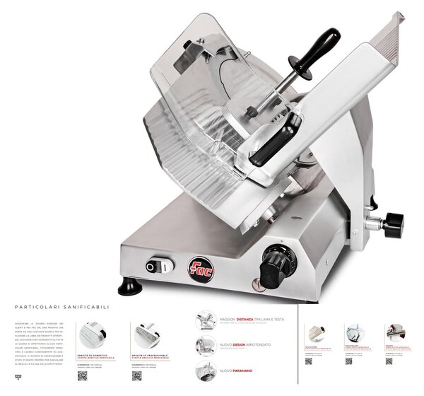 Affettatrice Professionale a Gravit� FAC F350 I PROFESSIONALE con affilatoio Fisso per lama Dimensioni 57x56xh50 cm - Lama 350 mm -36 Kg in lega leggera di alluminio