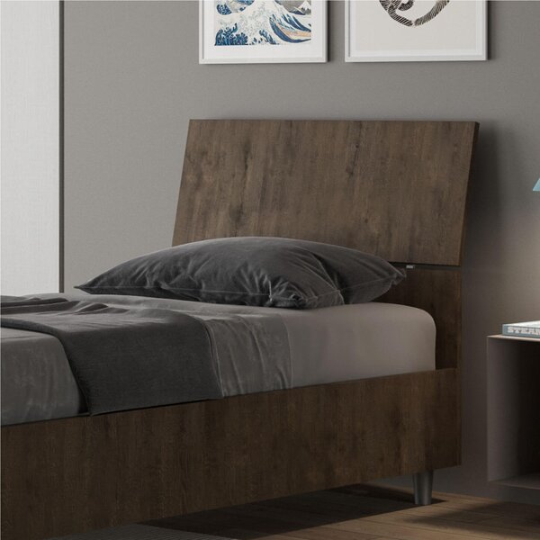 Letto Singolo con Contenitore, Design Testata Inclinata Modello DEMAS Dimensioni 80x190 cm Posizionabile in Poco Spazio Essenziale Colore Noce