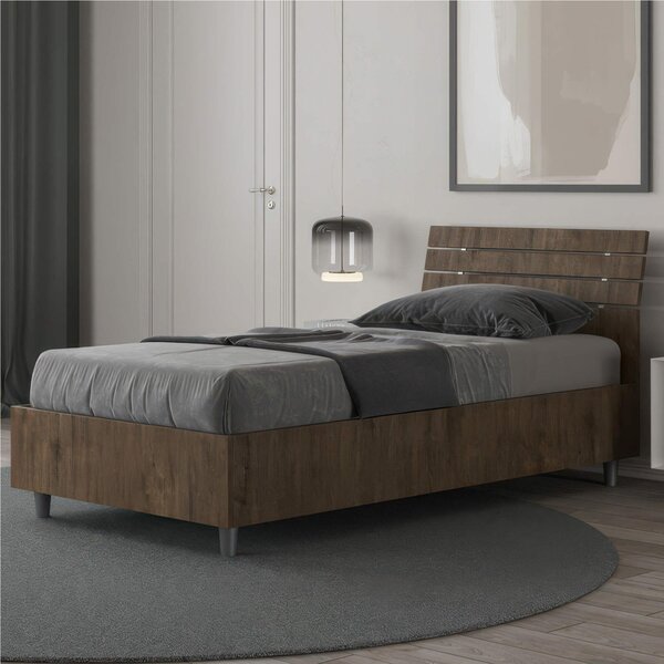 Letto Singolo con Contenitore Design a DOGHE e Testata Inclinata Modello ANKEL Dimensioni 80x190 cm Posizionabile in Poco Spazio Essenziale Colore Noce