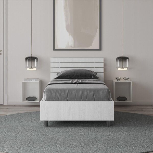 Letto Singolo con Contenitore, Design a DOGHE e Testata Inclinata Modello ANKEL Dimensioni 80x190 cm Posizionabile in Poco Spazio Essenziale Colore Bianco Frassino