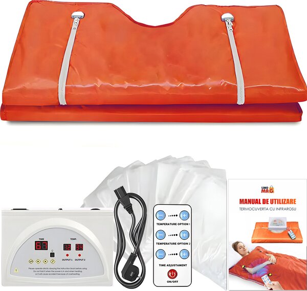 Coperta termica a infrarossi per sauna, LINOMAG®, brucia grassi, relax, termoterapia e disintossicazione, 5 strati di materiali di sicurezza, 6 livelli di riscaldamento, 35°C-85°C, 180x80 cm, arancione
