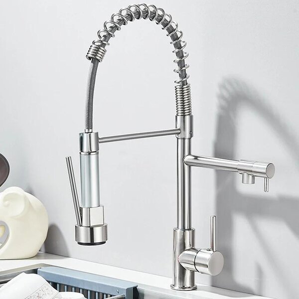 Rubinetto da cucina - Rubinetto estraibile a molla - Doppio beccuccio orientabile a 360° - Doccetta estraibile - Acqua calda/fredda - Monocomando, monoforo - Nichel spazzolato