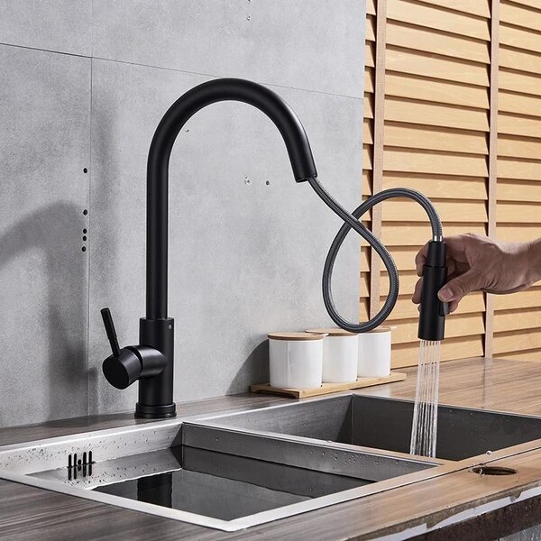 Rubinetto da cucina - Doccetta estraibile - Orientabile a 360° - Acqua calda/fredda - Monocomando - Montaggio monoforo - Cartuccia in Vetroceramica - Nero opaco