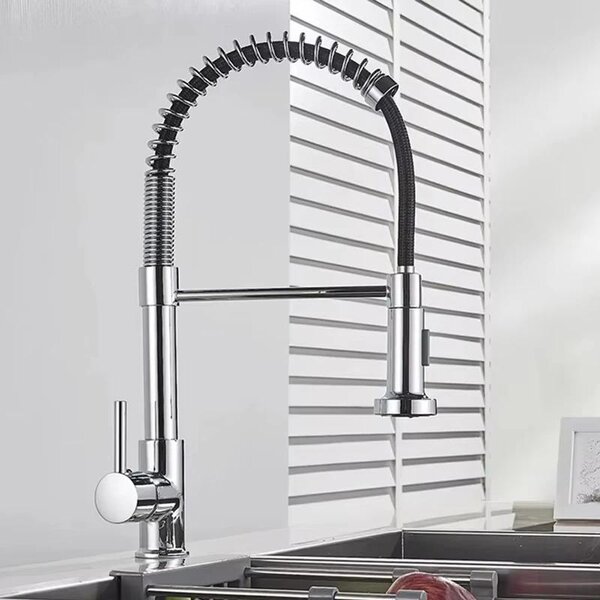 Rubinetto da cucina - Rubinetto da lavello estraibile con molla - 2 tipi di getto (jet/spray) - Orientabile a 360° - Montaggio monoforo, acqua calda/fredda, valvola in Vetroceramica - Cromo
