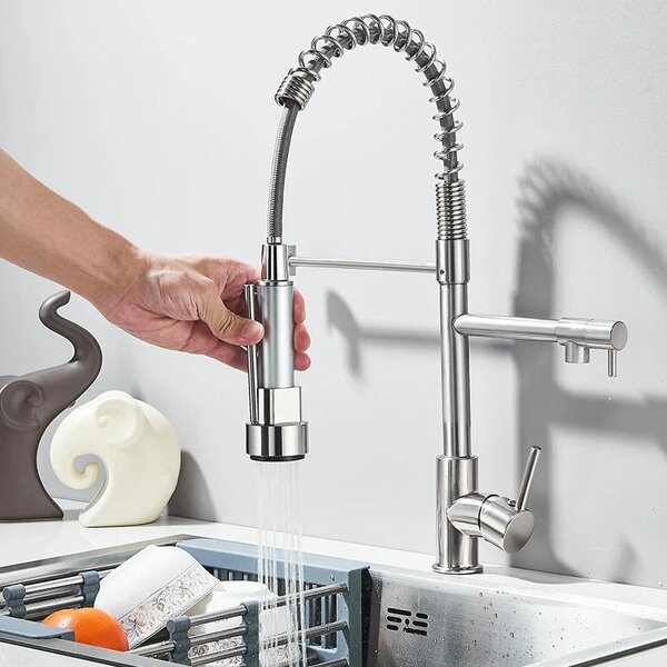 Rubinetto da cucina - Doccetta estraibile - Bocca orientabile a 360° - Monocomando, 1 foro - Ottone, cartuccia in Vetroceramica - Montaggio a filo - Nichel spazzolato