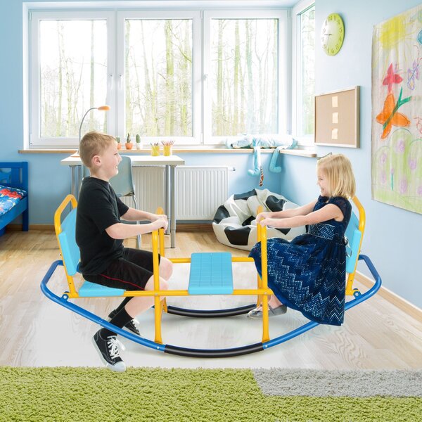 Costway Altalena basculante oscillante di metallo con maniglie e 3 posti a sedere, Altalena saliscendi per bambini Blu