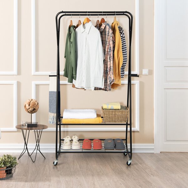 Costway Appendiabiti in metallo multifunzione con 2 barre 4 ganci 2 ruote bloccabili, Rella appendiabiti per balcone Nero