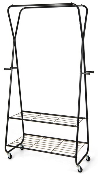 Costway Appendiabiti in metallo multifunzione con 2 barre 4 ganci 2 ruote bloccabili, Rella appendiabiti per balcone Nero