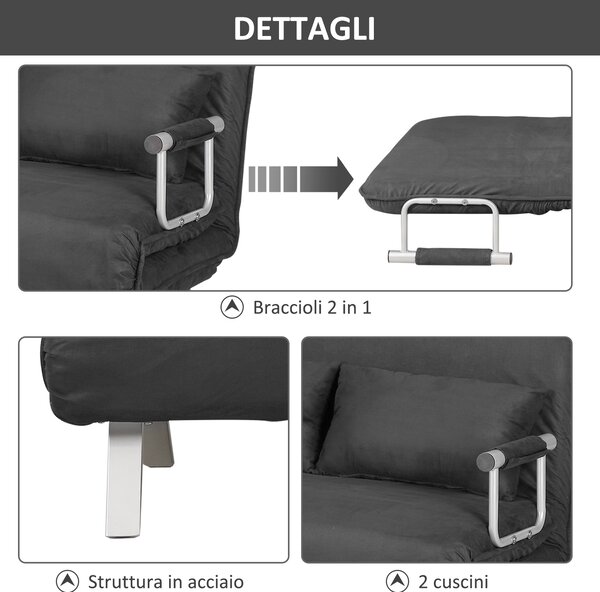 HOMCOM Divano Letto Singolo in Similpelle e Acciaio con Seduta Regolabile in 5 Posizioni, 105x80x78 cm, Grigio|Aosom
