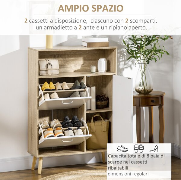 HOMCOM Scarpiera Salvaspazio per 8 Paia di Scarpe con 2 Ante e Armadietto in Legno, 80x25.5x112.5cm, Bianco