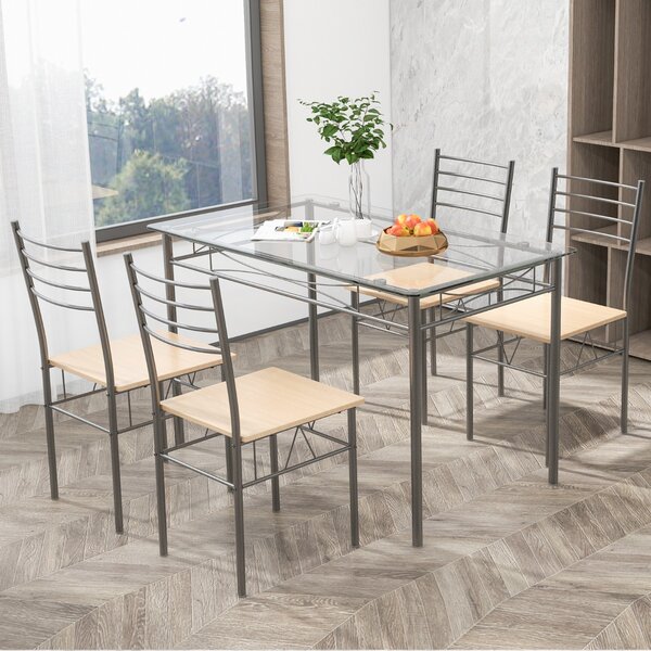 Costway Set da pranzo 5 pezzi in vetro con 1 tavolo rettangolare e 4 sedie, Set da pranzo con struttura metallica