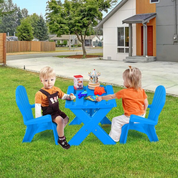 Costway Set tavolino e sedie per bambini in plastica, Tavolino con 2 sedie adirondack per pausa merenda e relax Blu