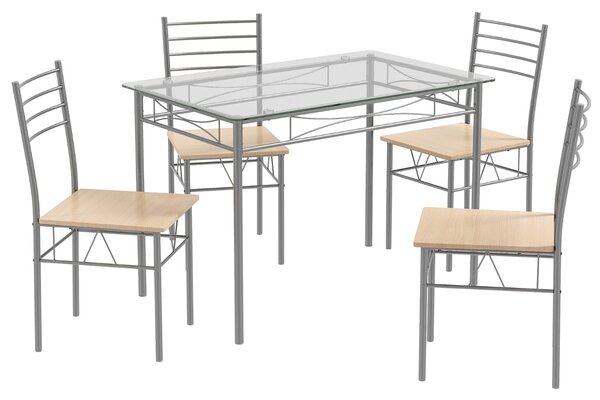 Costway Set da pranzo 5 pezzi in vetro con 1 tavolo rettangolare e 4 sedie, Set da pranzo con struttura metallica