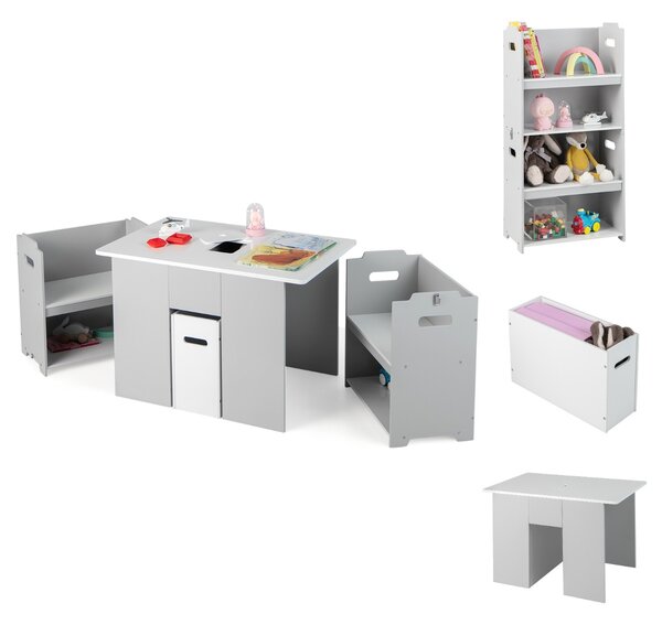 Costway Set tavolo e 2 sedie impilabili per bambini 3+ anni, Tavolo di attività con coperchio rimovibile contenitore Grigio