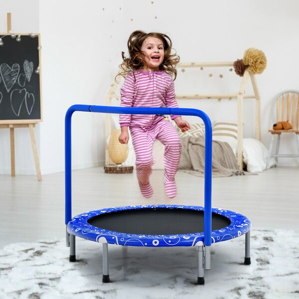 Costway Trampolino per bambini con copertura di sicurezza e maniglia, Tappeto elastico pieghevole 92x92x80,5cm Blu