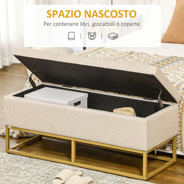 HOMCOM Panca con Contenitore in Poliestere Trapuntata con Gambe in Acciaio d'oro, 110x44x48cm, Beige