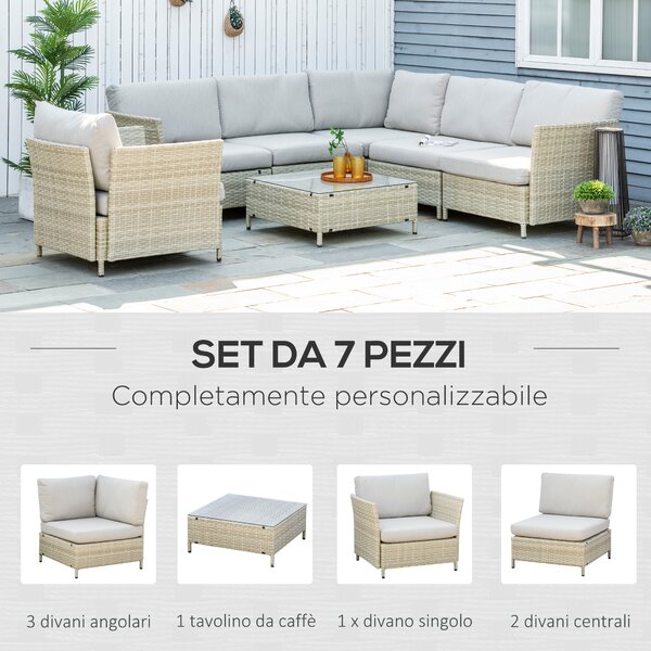 Outsunny Salotto da Giardino 7 Pezzi Modulabile in Rattan PE con Cuscini, Beige|Aosom