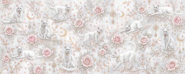Carta da parati Carta da parati con gatti bianchi e fiori, Carta da parati animali, Carta da parati popolare, t00899 - Tapeko.it