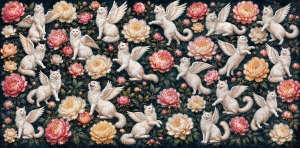 Carta da parati Gruppo di gatti bianchi con ali e fiori, Carta da parati animali, Carta da parati popolare, t00900 - Tapeko.it